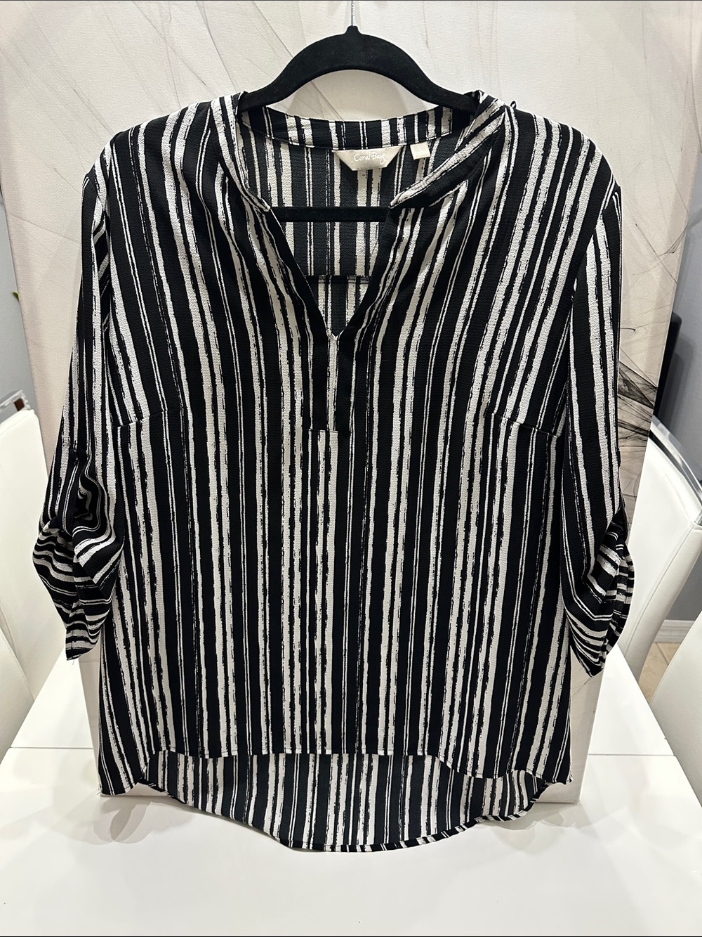 Coral Bay Black White Vertical Stripe Roll Tab Blouse L